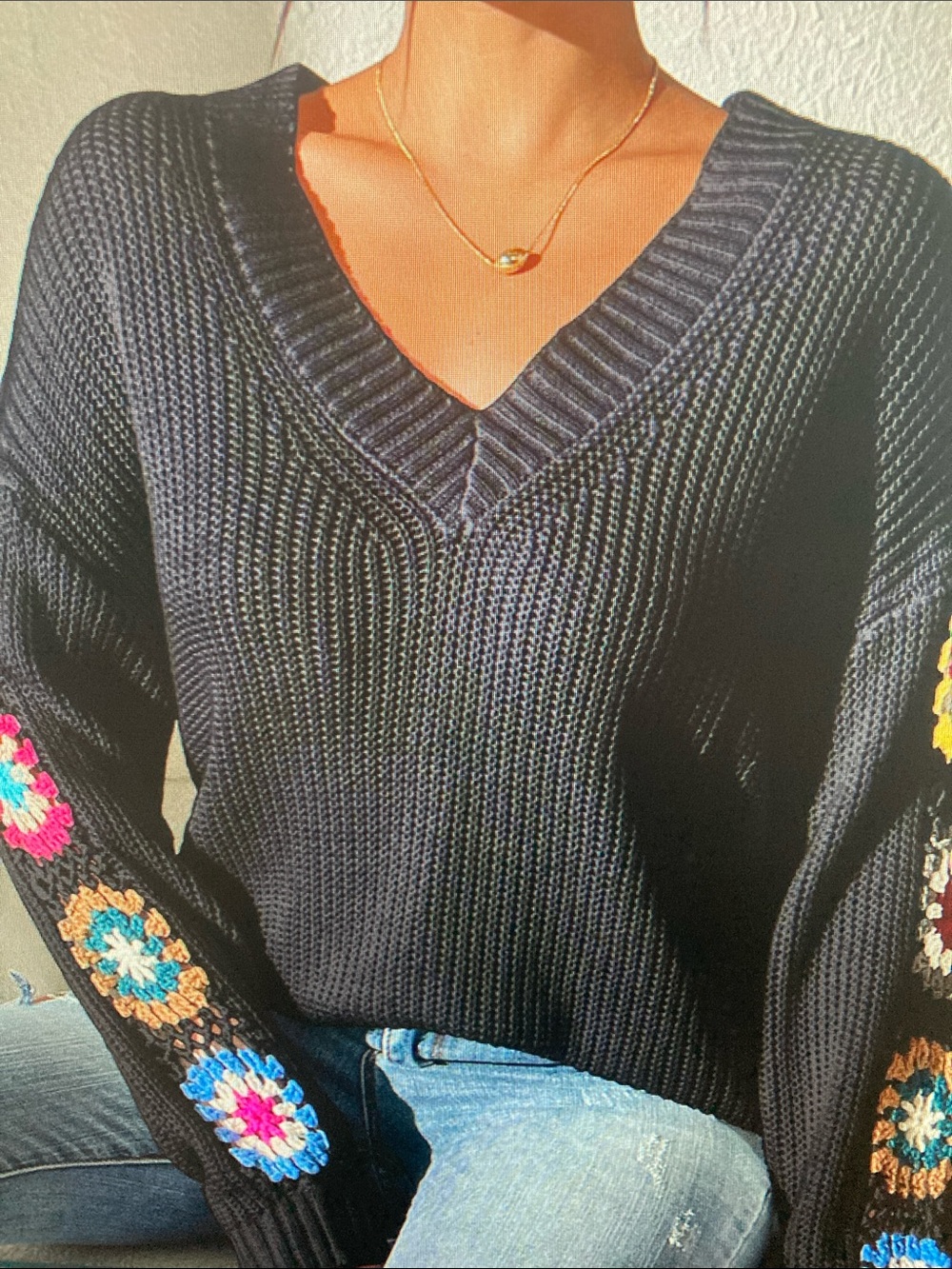 Black V-Neck Sweater with Colorful Crochet Sleeve Details